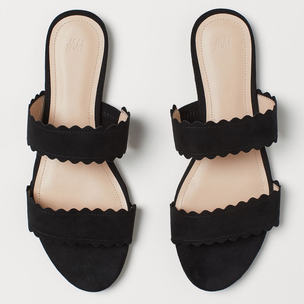 Faux Suede Scallop Flat Black Sandals - Picture 2 of 11